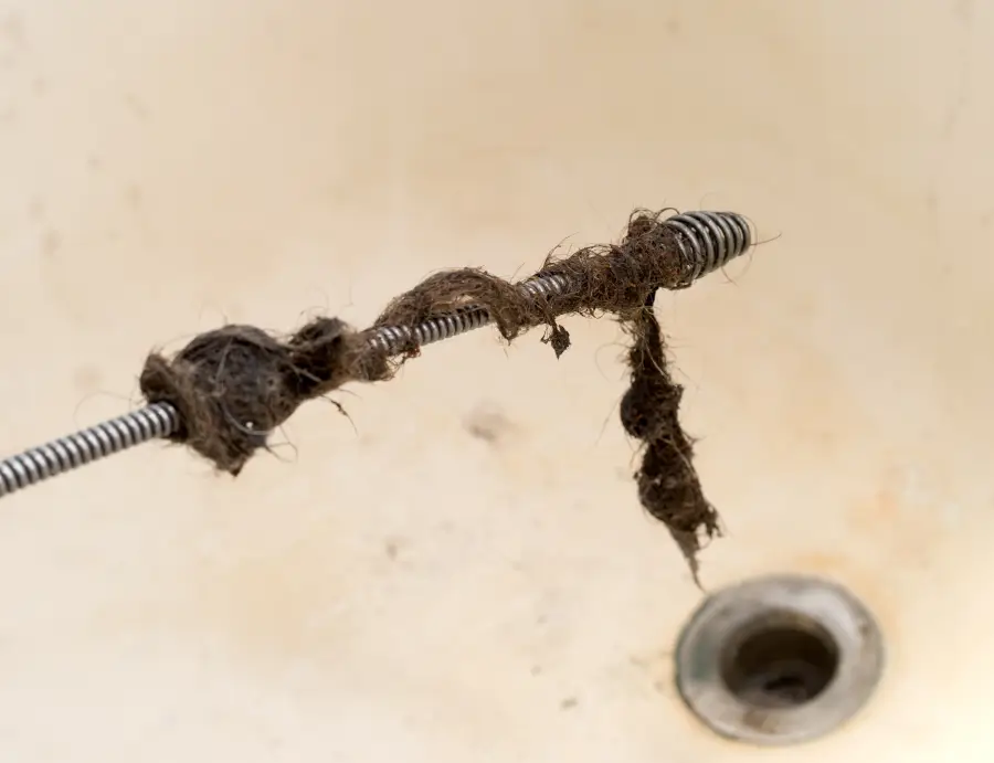 clogged-drain-columbia-sc-hair-clog-removal Hair clog pulled from a clogged drain by a drain snake cable above a tub drain