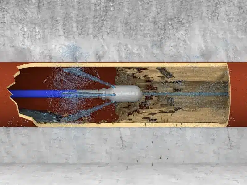 high-pressure-hydro-jetting-pipe-cutaway-columbia-sc High pressure hydro jetting nozzle clearing sediment buildup inside a sewer pipe cutaway view